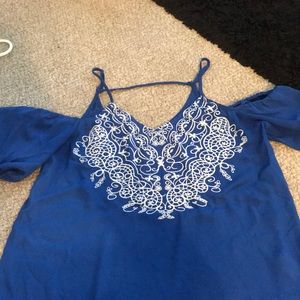 Off the shoulder blue shirt